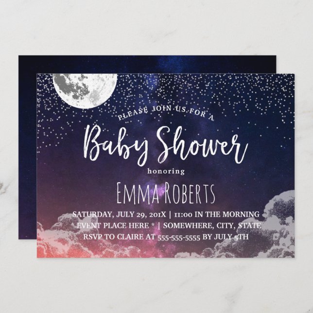 Baby Shower Elegant Måne & Stars Natt #2 Inbjudningar (Fram/baksida)