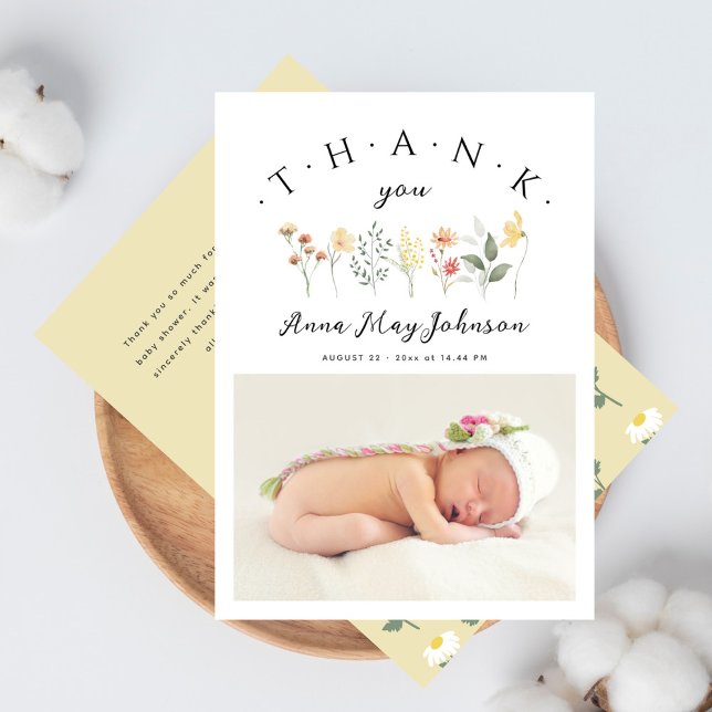 Baby Shower Elegant Skript Vildblomma Foto Tack Kort (Skapare uppladdad)