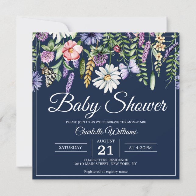 Baby Shower Elegant Wildblommor Navy Blue Blommigt Inbjudningar (Framsida)