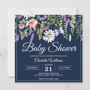 Baby Shower Elegant Wildblommor Navy Blue Blommigt Inbjudningar