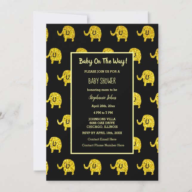 Baby Shower Elephant Animal Guld Glitter Black Inbjudningar (Framsida)