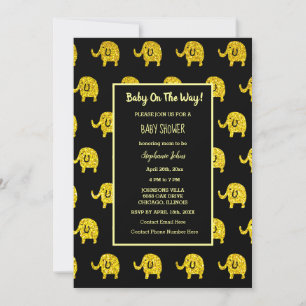 Baby Shower Elephant Animal Guld Glitter Black Inbjudningar