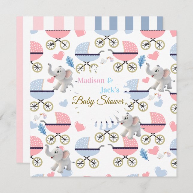 Baby Shower Elephant Baby StrollerCard Invitation  Inbjudningar (Fram/baksida)