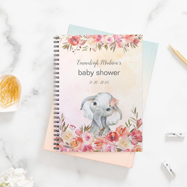 Baby Shower Elephant Boho Chic Blommigt Watercolor Anteckningsbok (Skapare uppladdad)