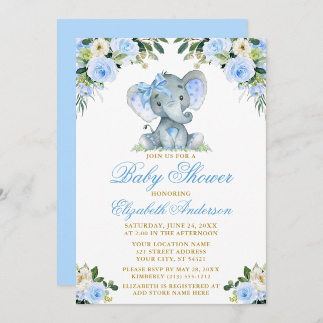 Baby Shower Elephant Bow Blue Blommigt Guld Inbjudningar (Fram/baksida)