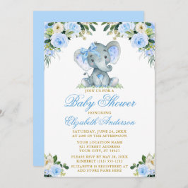 Baby Shower Elephant Bow Blue Blommigt Guld Inbjudningar