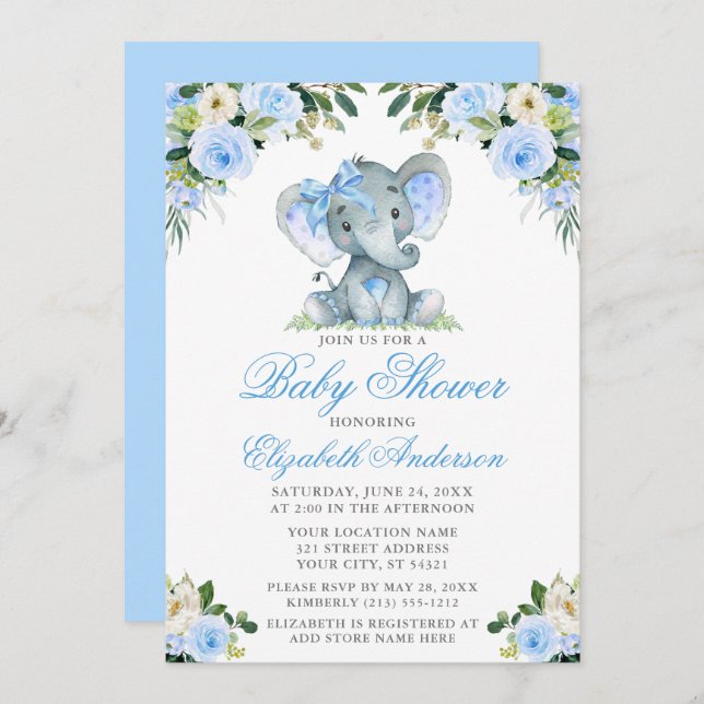 Baby Shower Elephant Bow Blue Blommigt Silver Inbjudningar (Fram/baksida)