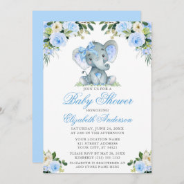 Baby Shower Elephant Bow Blue Blommigt Silver Inbjudningar