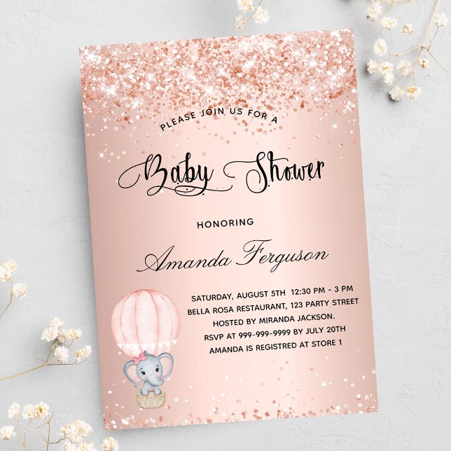 Baby Shower elephant Girl ro luftballong Inbjudan Vykort (Skapare uppladdad)