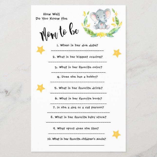 Baby Shower Elephant Hur väl du känner till kortet Flygblad (Framsidan)
