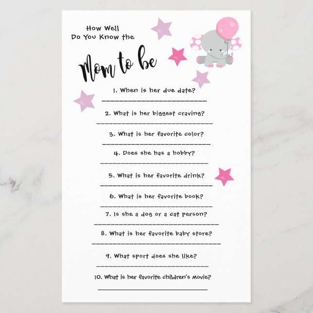 Baby Shower Elephant Hur väl du känner till kortet Flygblad (Framsidan)
