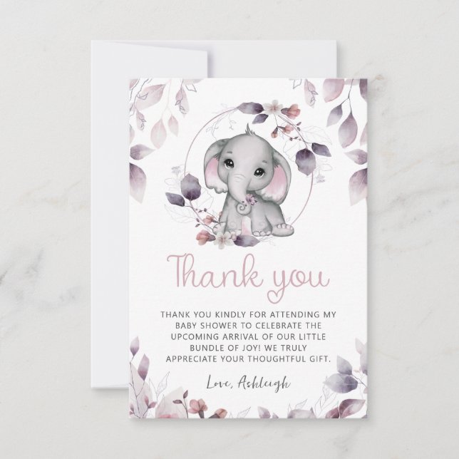 Baby Shower Elephant Rosa Violet Tack Kort (Framsida)