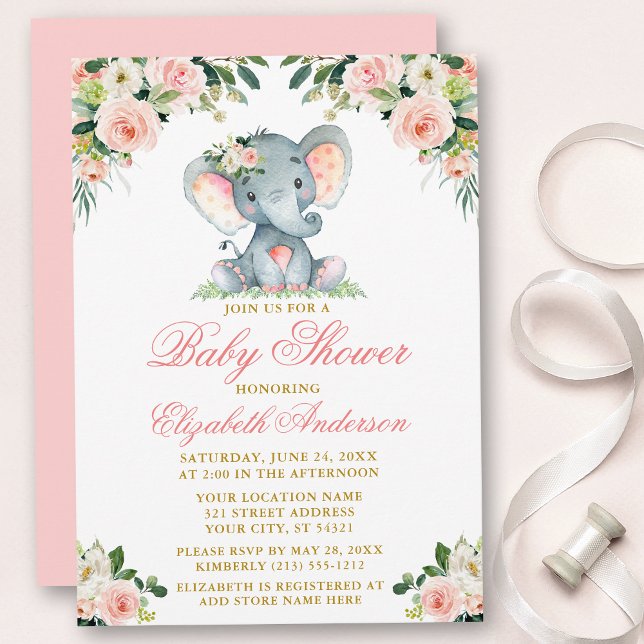 Baby Shower Elephant Watercolor Rosa Blommigt Guld Inbjudningar (Customize to change text color, style, add text & photos to back or change color of back of card.)