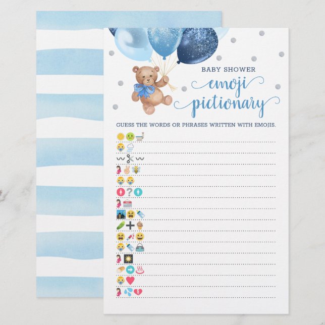Baby Shower Emoji Pictionary Spel Teddybjörn Tema (Fram/baksida)