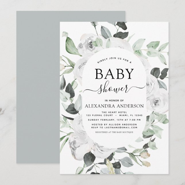 Baby Shower Eucalyptus Blommigt Vit ros Greenery Inbjudningar (Fram/baksida)