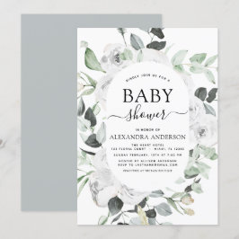 Baby Shower Eucalyptus Blommigt Vit ros Greenery Inbjudningar