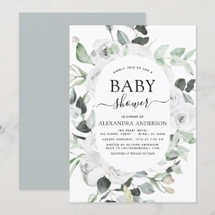 Baby Shower Eucalyptus Blommigt Vit ros Greenery Inbjudningar