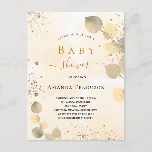 Baby Shower eucalyptus glitter golden fall Inbjudan Vykort (Framsida)