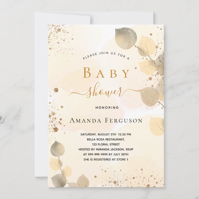 Baby Shower eucalyptus glitter golden fall Inbjudningar (Framsida)