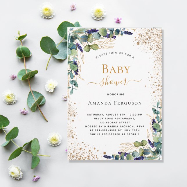 Baby Shower eucalyptus greenery guld glitter Inbjudningar (Skapare uppladdad)