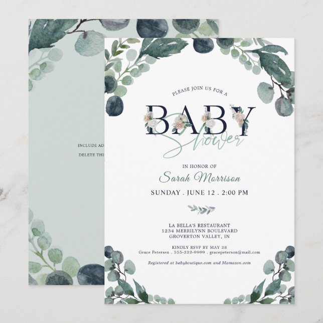 Baby Shower Eucalyptus Greenery Navy Blue Inbjudningar (Fram/baksida)