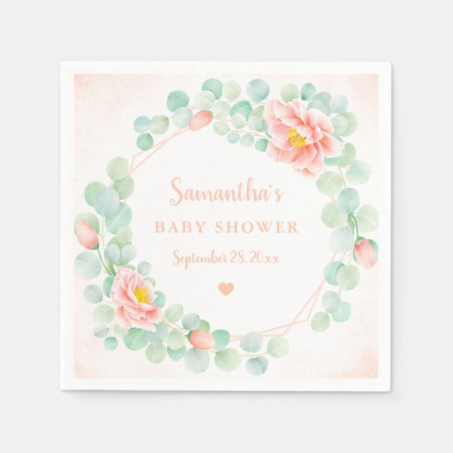 Baby Shower Eucalyptus Löv Blommigt WAN Peach Pappersservett (Framsidan)