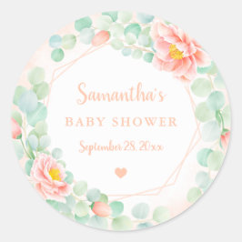 Baby Shower Eucalyptus Löv Blommigt WAN Peach Runt Klistermärke