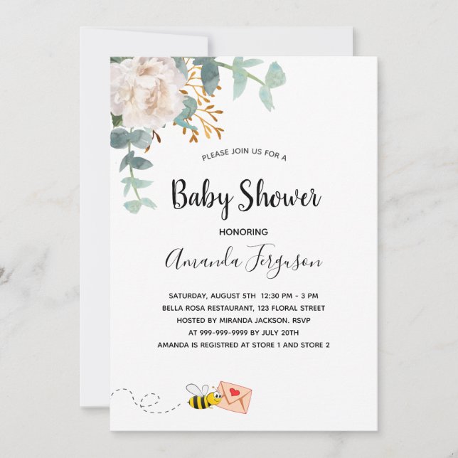Baby Shower eucalyptus white blommigt mamma to be Inbjudningar (Framsida)