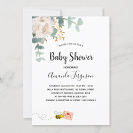 Baby Shower eucalyptus white blommigt mamma to be Inbjudningar