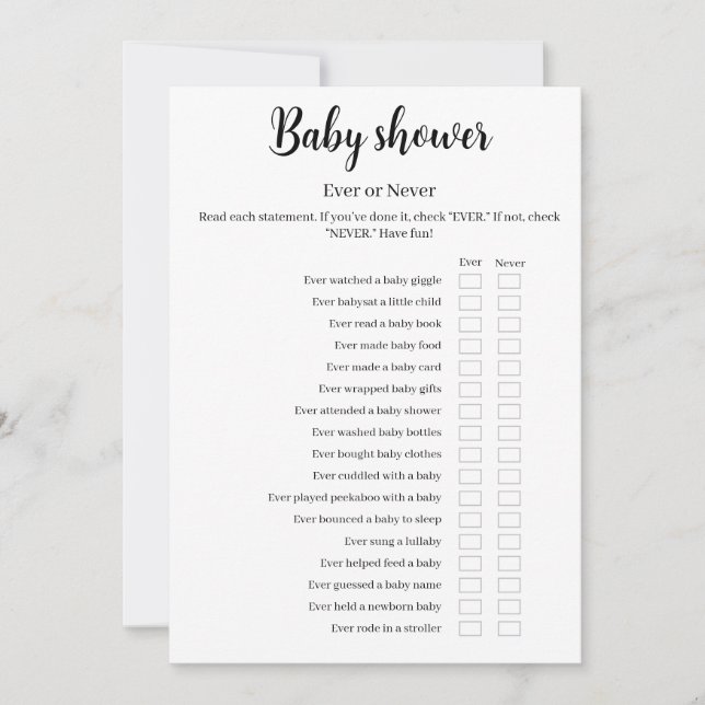 Baby Shower Ever or Never Game, Printable Inbjudningar (Framsida)