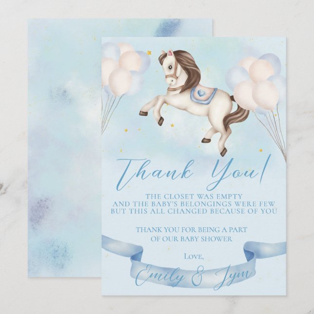 Baby Shower Fairytale Pony Stars Blue Balloons Tack Kort (Fram/baksida)