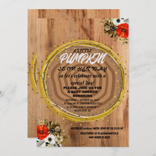 Baby Shower Fall Pumpkin Rustic Burlap Wood Inbjudningar (Fram/baksida)