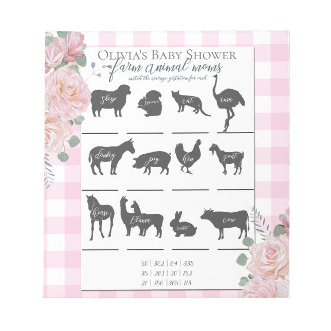 Baby Shower Farm Animal Games Rosa ros Gingham Anteckningsblock (Framsida)