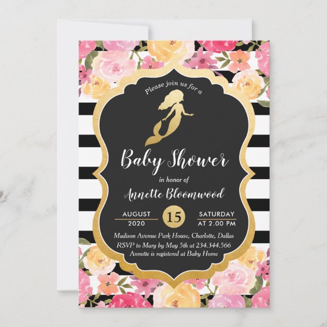 Baby Shower | Faux Gold Foil Sjöjungfru | Blommigt Inbjudningar (Framsida)