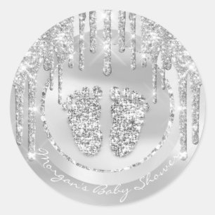 Baby Shower Feet Boy Girl Namn driver Grått Glitte Runt Klistermärke