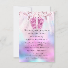Baby Shower Feet Girl Royal Rosa Glitter Blommigt Inbjudningar
