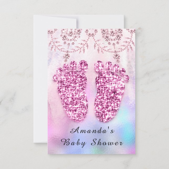 Baby Shower Feet Girl Royal Rosa Glitter Blommigt Inbjudningar (Baksida)