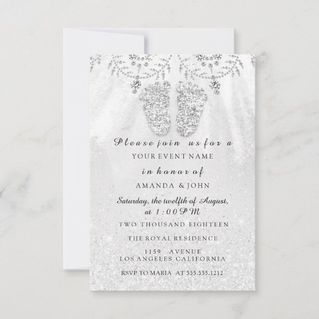 Baby Shower Feet Girl Silver Grått Royal Boy Inbjudningar (Framsida)