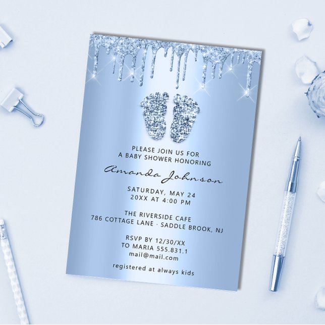 Baby Shower Feet Glitter Baby blue drivrutiner Boy Inbjudningar (Skapare uppladdad)