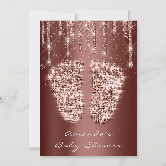 Baby Shower Feet Glitter Guld Brown Dricks Boy Gir Inbjudningar (Baksida)