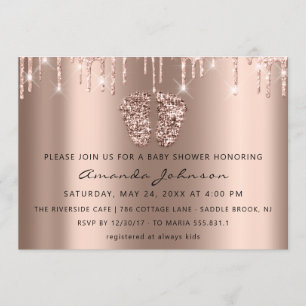 Baby Shower Feet Glitter Ro Guld Dricks Boy Girl Inbjudningar