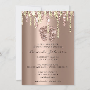 Baby Shower Feet Glitter Ro Guld Dricks Boy Girl Inbjudningar