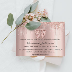 Baby Shower Feet Glitter Ro Guld Dricks Boy Girl Inbjudningar