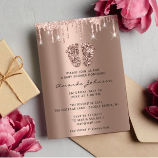 Baby Shower Feet Glitter Ro Guld Dricks Boy Girl Inbjudningar