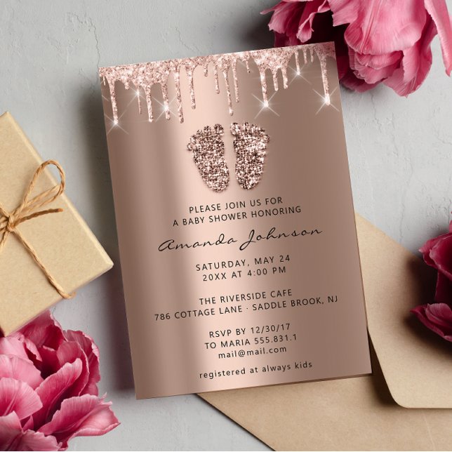 Baby Shower Feet Glitter Ro Guld Dricks Boy Girl Inbjudningar (Baby Shower Feet Glitter Rose Gold Drips Boy Girl Invitation)