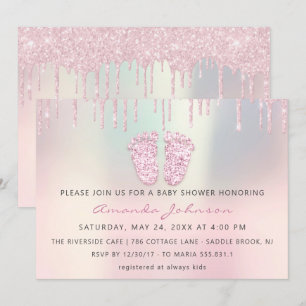 Baby Shower Feet Glitter Ro Rosa Dricks Boy Girl Inbjudningar