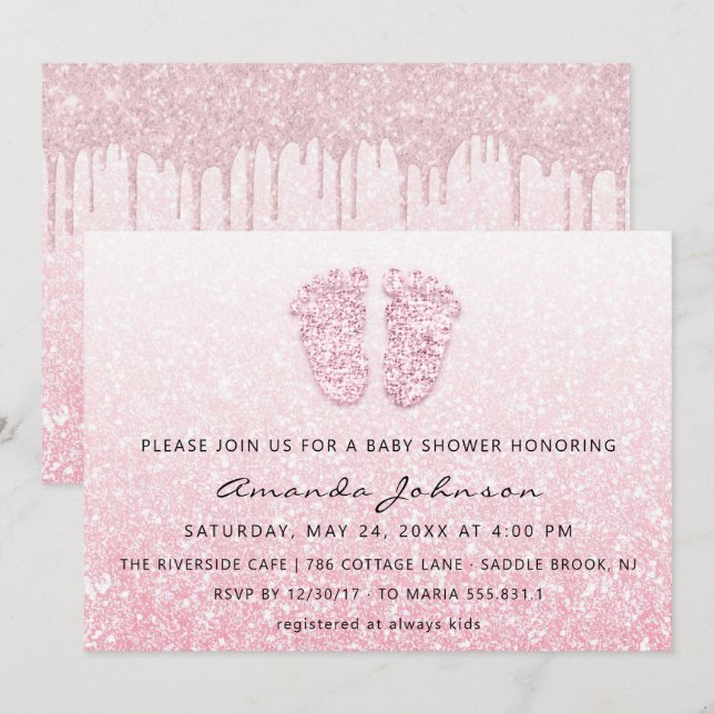 Baby Shower Feet Glitter Ro Rosa Drips OmbreGirl Inbjudningar (Fram/baksida)