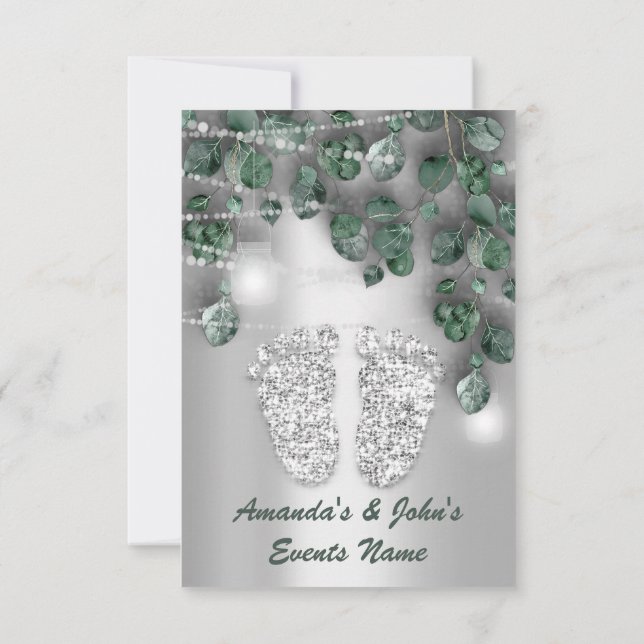 Baby SHOWER Feet Rustic Grönt Grått Girl Boy Inbjudningar (Baksida)