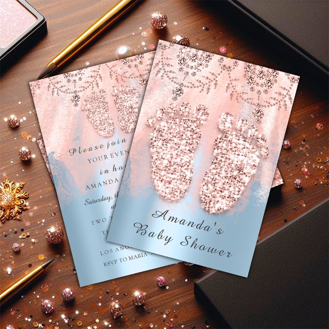 Baby Shower Feet Silver Girl Boy Royal Blue Ro Blu Inbjudningar (Baby Shower Feet Silver Girl Boy Royal Rose Blue Invitation)