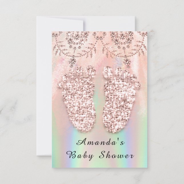 Baby Shower Feet Silver Girl Boy Royal Holography Inbjudningar (Baksida)